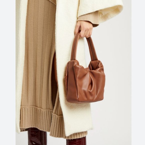 STAUD The Felix Bag Ruched Leather Top Handle in Tan Brown MSRP$355